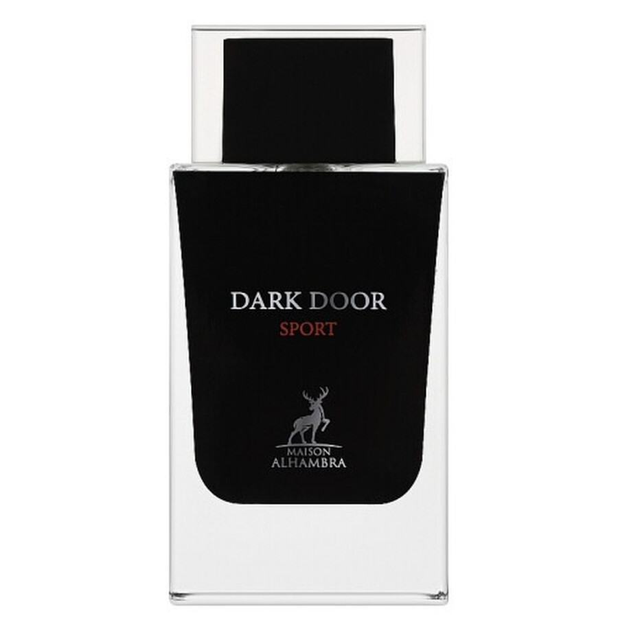 Frasco de perfume DARK DOOR SPORT da MAISON ALHAMBRA em vidro transparente com rótulo preto.