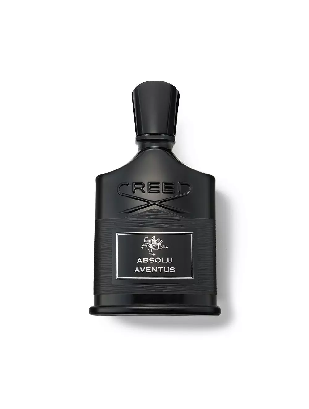 Frasco de perfume Creed Absolu Aventus preto com etiqueta e tampa preta