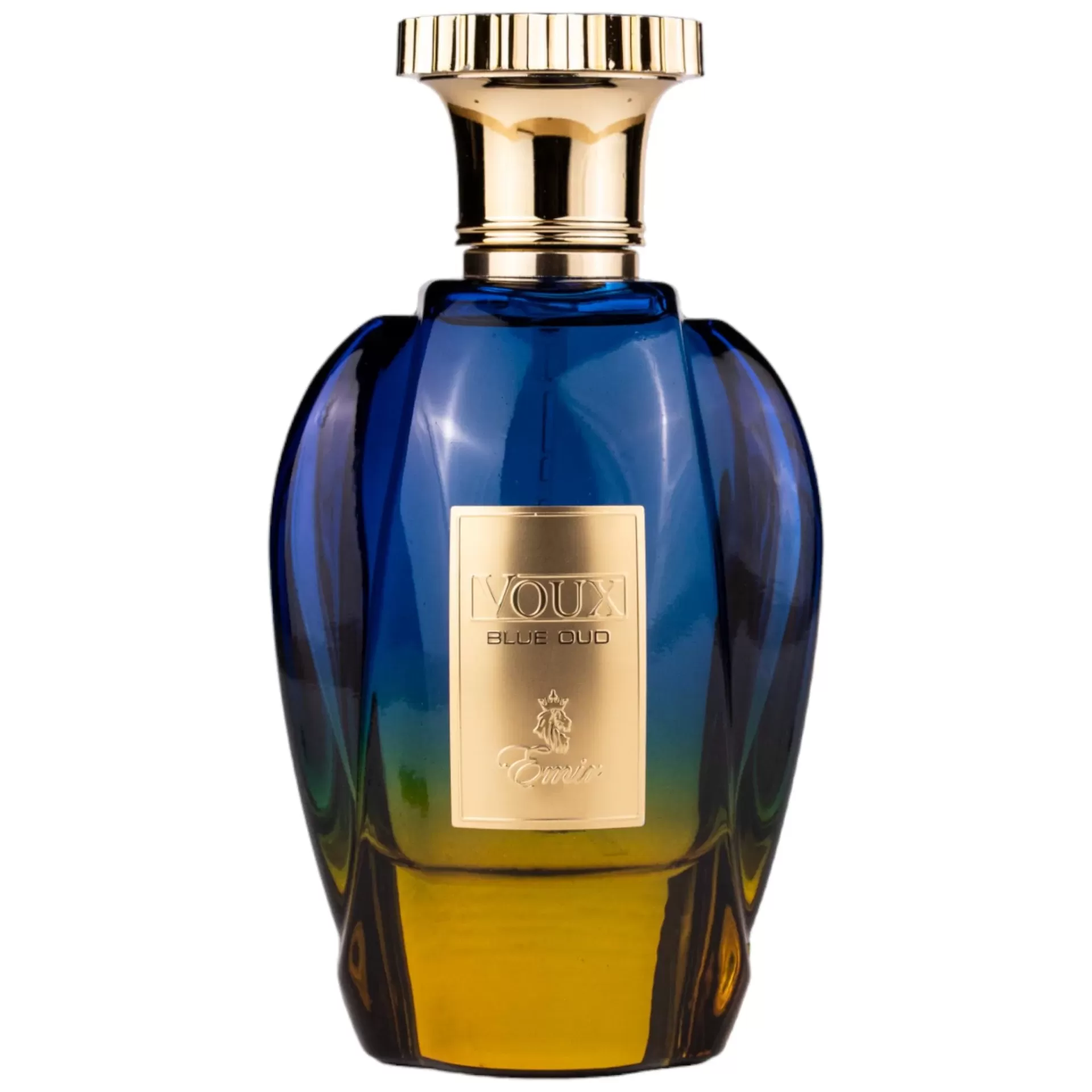 Frasco de perfume azul e amarelo com placa dourada e tampa dourada