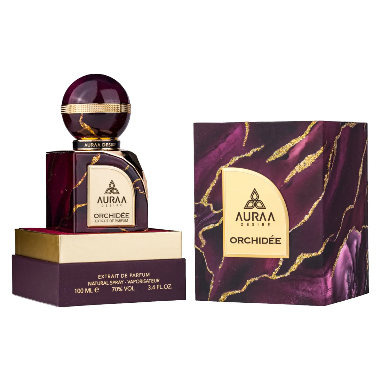 Frasco de perfume e caixa roxa com detalhes dourados e texto AURAA DESIRE ORCHIDÉE