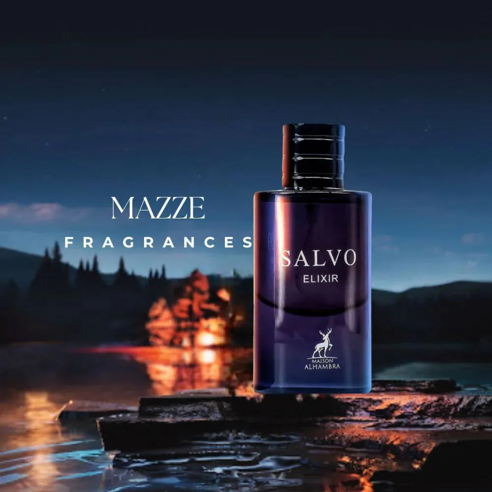 Frasco de perfume MAZZE FRAGRANCES SALVO ELIXIR em vidro ao pôr do sol junto a lago
