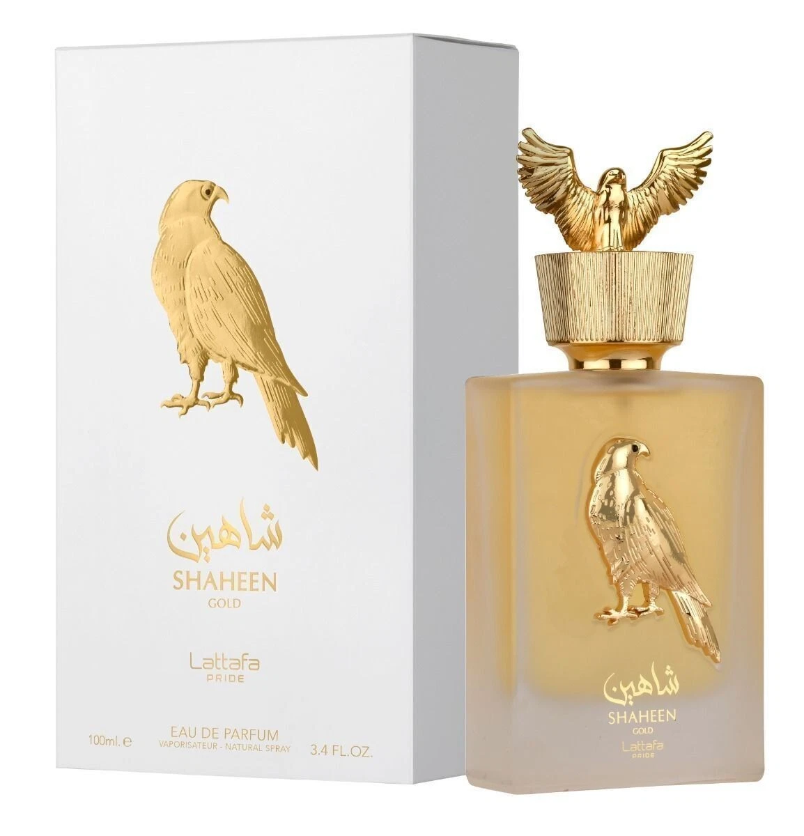Frasco de perfume e caixa com ave dourada e texto SHAHEEN GOLD