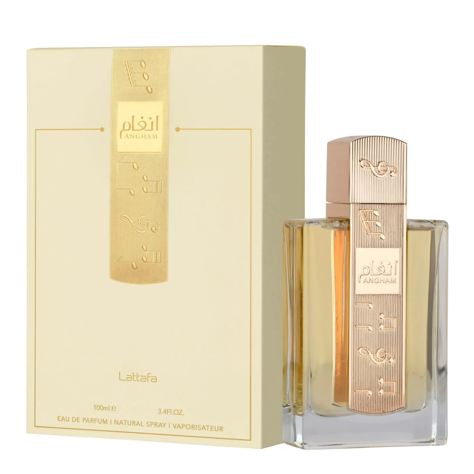 Frasco de perfume de vidro com tampa dourada e caixa bege com etiqueta dourada