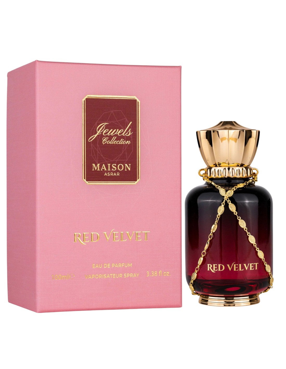 Perfume Red Velvet com frasco vermelho-escuro e tampa dourada ao lado de caixa rosa