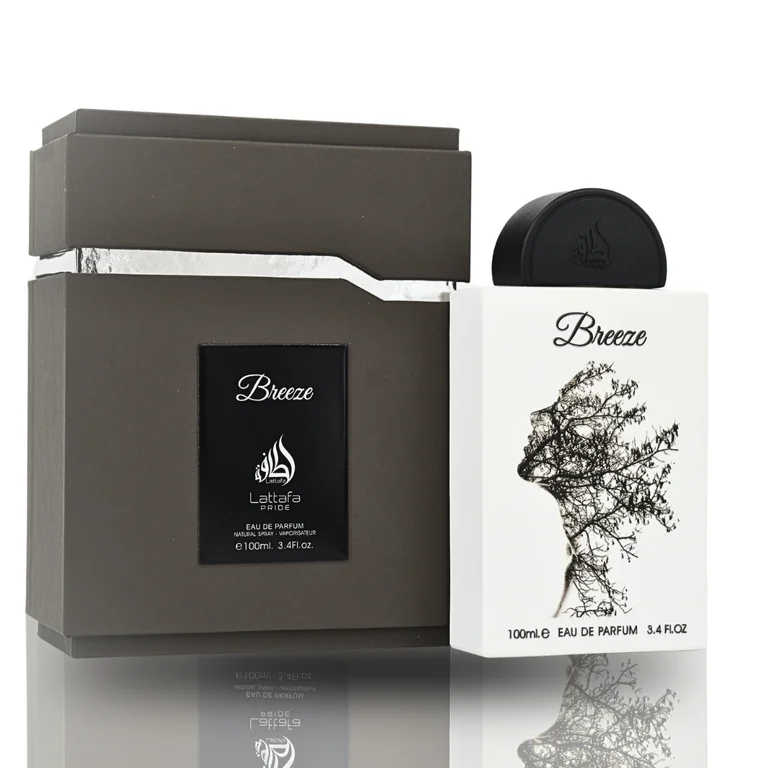Dois frascos de perfume Lattafa Breeze com design cinza e branco