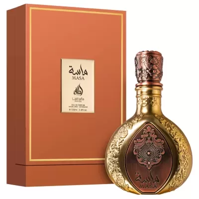 Frasco de perfume dourado e cobre com padrão floral ao lado de caixa castanha com etiqueta dourada