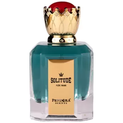 Frasco de perfume Solitude for Man da Pendora Scents com líquido azul esverdeado e tampa dourada e vermelha