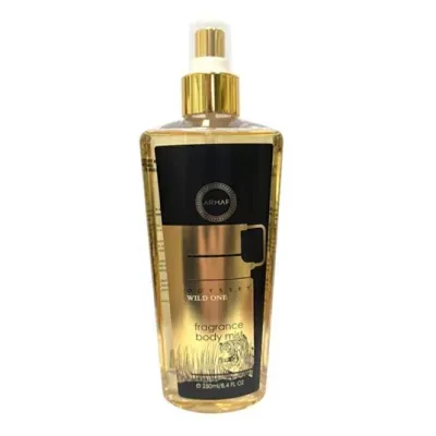 Frasco de body mist Armaf Odyssey Wild One com design preto e dourado