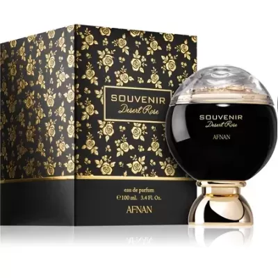 Frasco de perfume preto com caixa preta decorada com rosas douradas