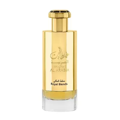 Frasco de perfume dourado com tampa e base transparente com texto KHATLAT AL ARABIA Royal Blends