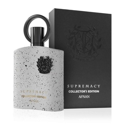 Frasco cinza pontilhado de perfume Supremacy Collector's Edition Afnan com caixa preta