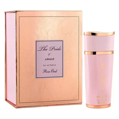 Perfume Armaf The Pride of Armaf Rose Oud em embalagem e frasco rosa claro com detalhes dourados