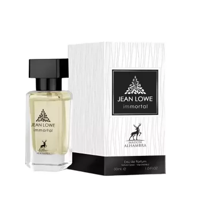 Frasco de perfume Jean Lowe Immortal com caixa branca na lateral.