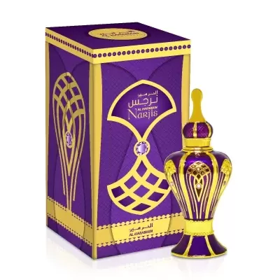 Frasco e caixa de perfume roxo e dourado Al Haramain Narjis