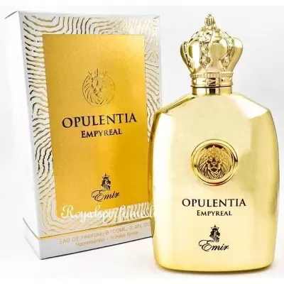 Frasco dourado e caixa de perfume Opulentia Empyreal Emir