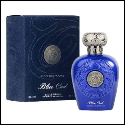 Frasco azul de perfume Blue Oud com tampa prateada e caixa azul escura ao lado