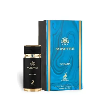 Frasco de perfume Sceptre Oceana preto com dourado ao lado da caixa azul