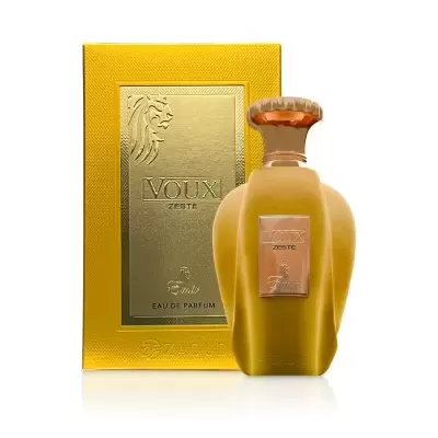 Frasco de perfume amarelo fosco com tampa dourada e caixa amarela com detalhes dourados