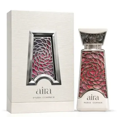 Frasco de perfume decorado com padrão floral em rosa e roxo e caixa creme com detalhes metálicos