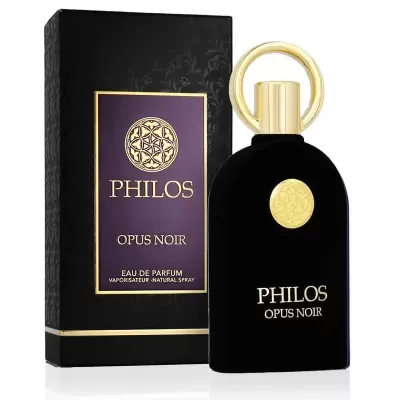 Frasco de perfume preto com tampa dourada e caixa preta do perfume PHILOS OPUS NOIR