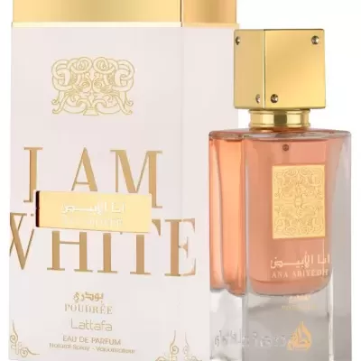 Frasco de perfume e caixa branca com tampa dourada e texto dourado