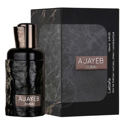 Frasco preto texturizado de perfume Ajayeb Dubai com embalagem preta e detalhes em castanho claro.