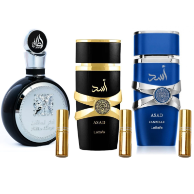 Frascos de perfume Lattafa preto, azul e preto com detalhes dourados e prateados, com sprays dourados pequenos em frente.