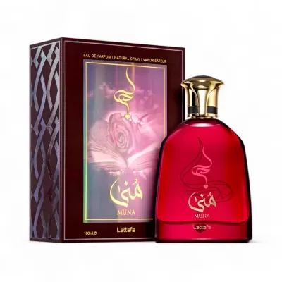 Frasco de perfume vermelho Muna Lattafa com embalagem à esquerda