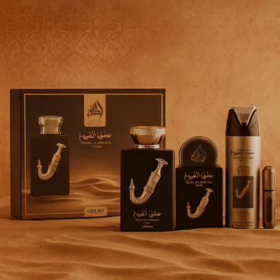 Conjunto de presente LAITQES com frascos pretos e dourados e textos em árabe