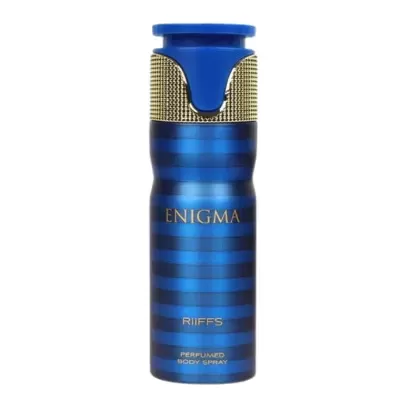 Spray corporal perfumado azul e dourado com o texto ENIGMA RIIFFS
