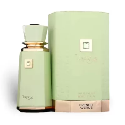 Frasco e caixa de perfume verde claro com detalhes dourados