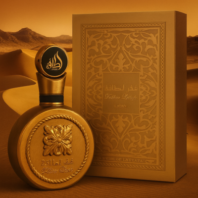 Frasco de perfume dourado com caixa decorativa dourada no deserto