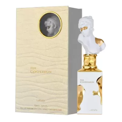 Perfume HER CONFESSION da Lattafa com frasco branco dourado e tampa busto Escultura