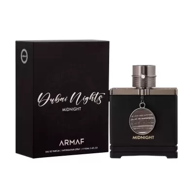 Perfume masculino Armaf Dubai Nights Midnight em frasco preto com embalagem preta.