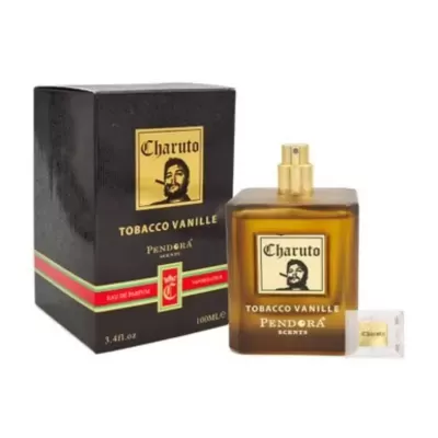 Perfume Charuto Tobacco Vanille com embalagem preta e frasco âmbar