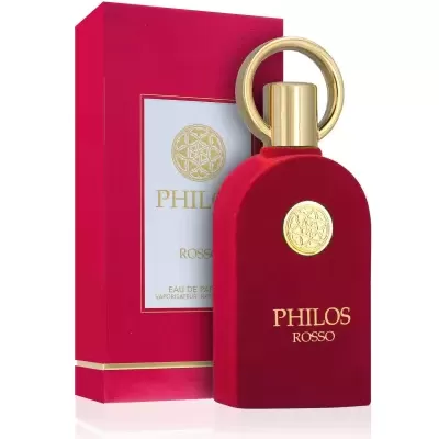 Frasco vermelho de perfume Philosoph Rosso com tampa dourada e caixa vermelha