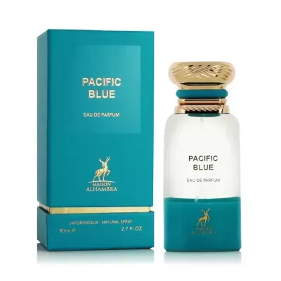 Frasco de perfume Pacific Blue azul turquesa com caixa e detalhes dourados