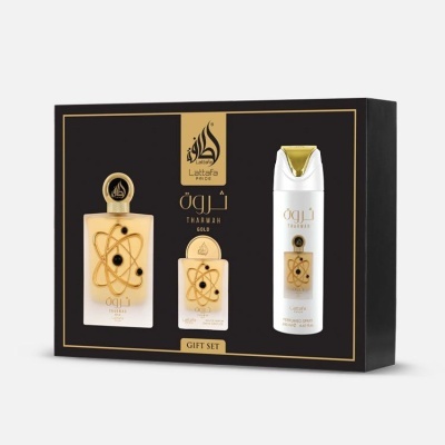 Conjunto de presente Lattafa Pride Tharwah Gold com perfumes e spray perfumado