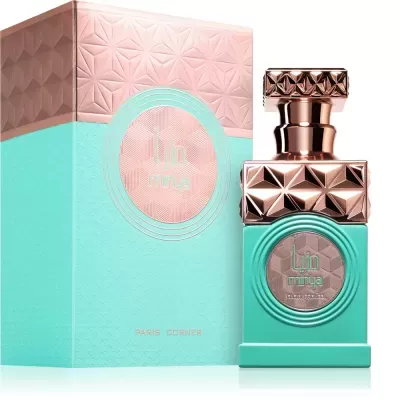 Frasco de perfume turquesa e rosa metálico com padrão geométrico e caixa correspondente