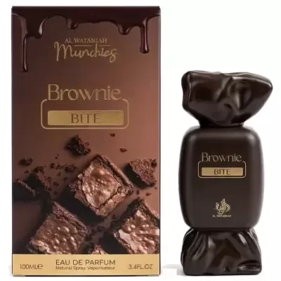 Perfume Brownie Bite em embalagem castanha com imagem de brownie e frasco em forma de doce