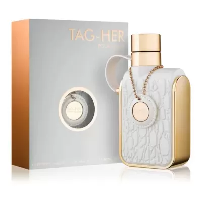 Perfume TAG-HER Prada em frasco branco com detalhes dourados e embalagem cinza e dourada