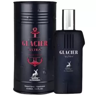 Frasco preto de perfume Glacier Ultra e embalagem cilíndrica preta ao lado