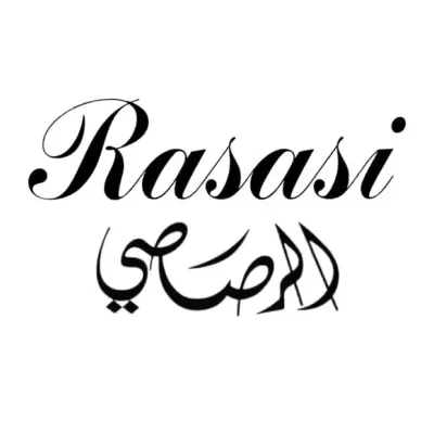 Logotipo da marca Rasasi escrito em inglês e árabe em fundo branco