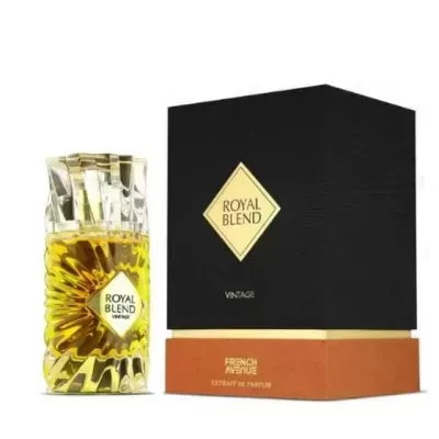 Frasco de perfume Royal Blend Vintage e embalagem preta com detalhes dourados