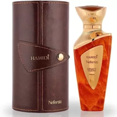 Frasco de perfume Hamidi Nefertiti com embalagem em couro castanho