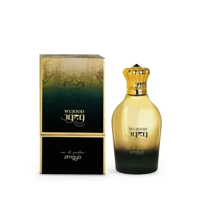 Frasco de perfume dourado e preto com caixa dourada e preta decorada