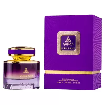 Frasco roxo e dourado de perfume Auraa Desire Purple Bliss com caixa roxa e detalhes dourados.