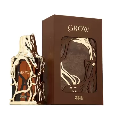 Frasco de perfume com embalagem castanha e dourada com design de galhos