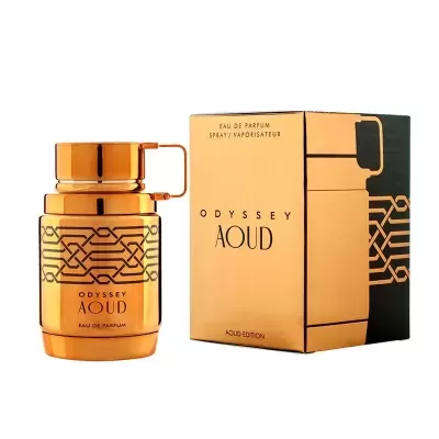 Perfume dourado e preto Odyssey Aoud com embalagem