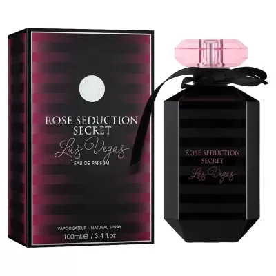 Perfume Rose Seduction Secret Las Vegas com embalagem preta e rosa
